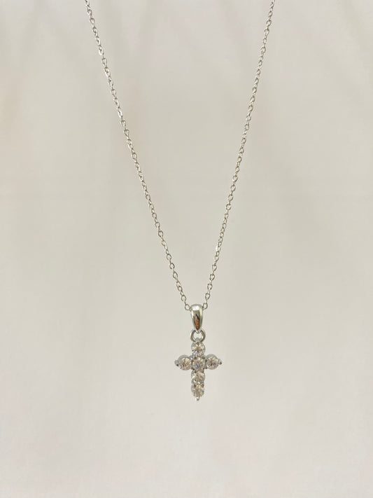 Collar cruz circones blancos y Cadena de acero plateado  45 + 5 cms