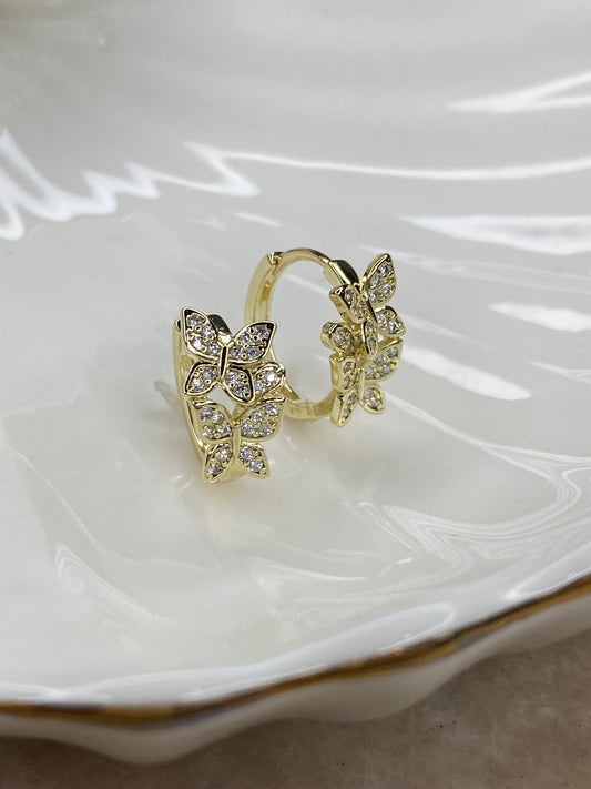 Aros Argolla Doble Mariposa Microcircones Baño Oro 18 Kl