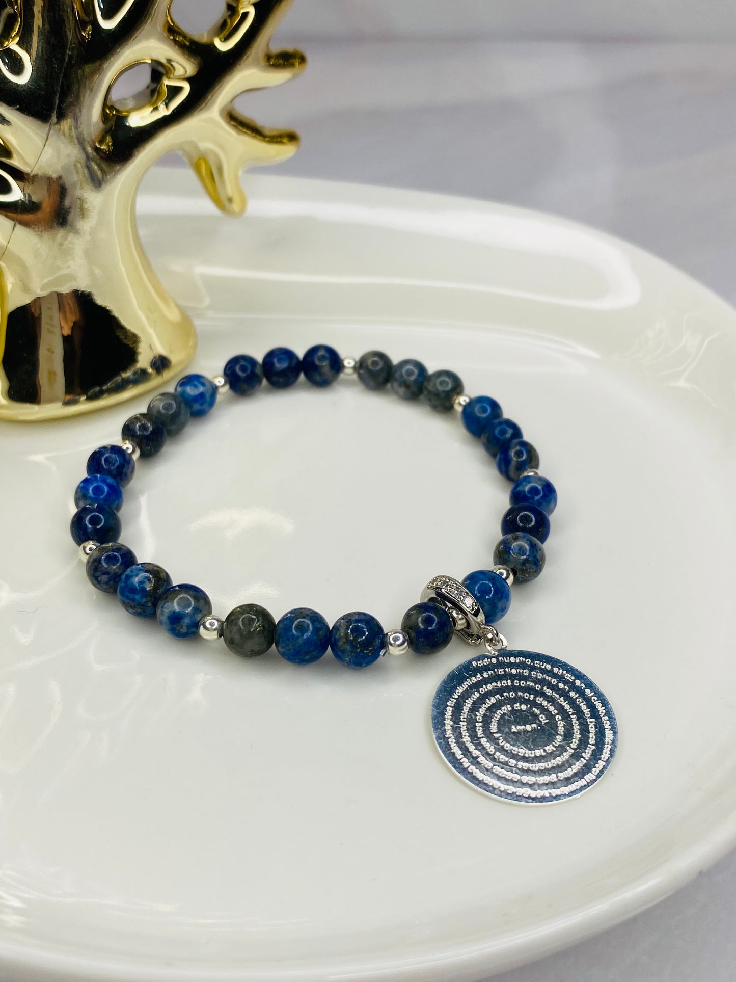 PULSERA PADRE NUESTRO BAÑO DEz Lápizlazuli