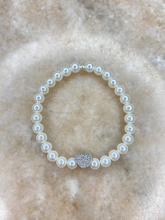 Pulsera Perlas Swaroski Corazon plateado microcircones