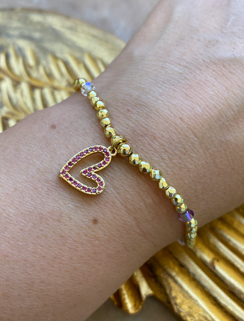 Pulsera corazón fucsia y cristales swarovski